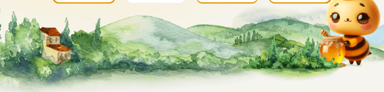 Watercolor countryside apiary landscape with honey bee mascot